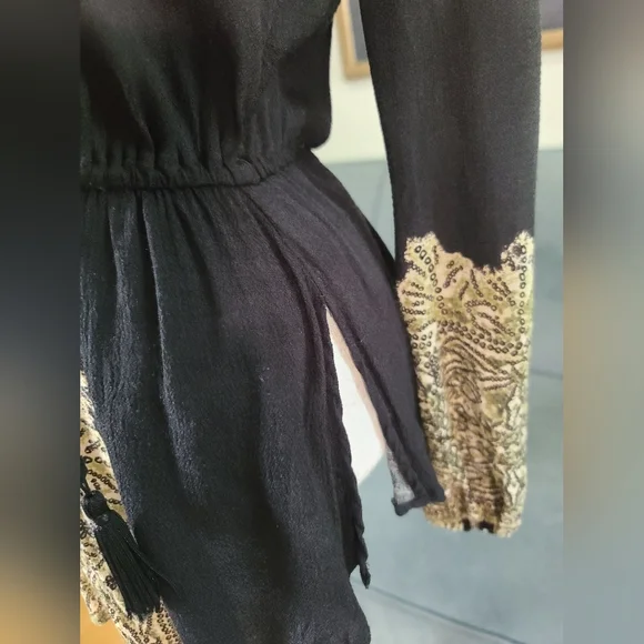 Free People Black Snake Print Boho Lace Up Front Elastic Waist Top - Picture 5 of 12